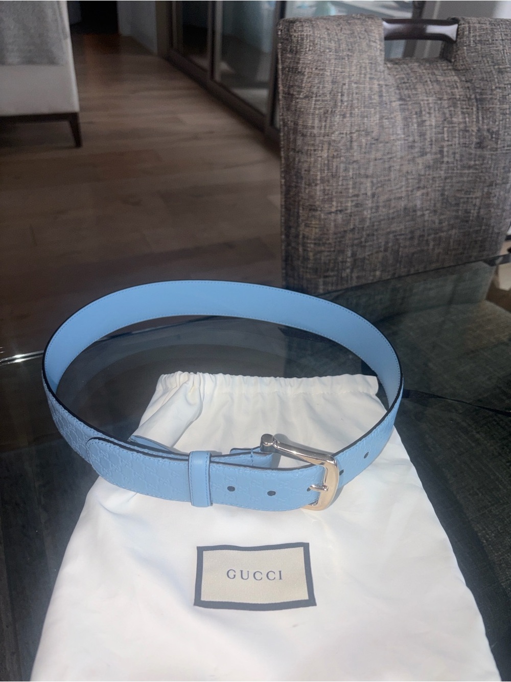 Gucci Sky Blue Leather Belt with Classic Buckle